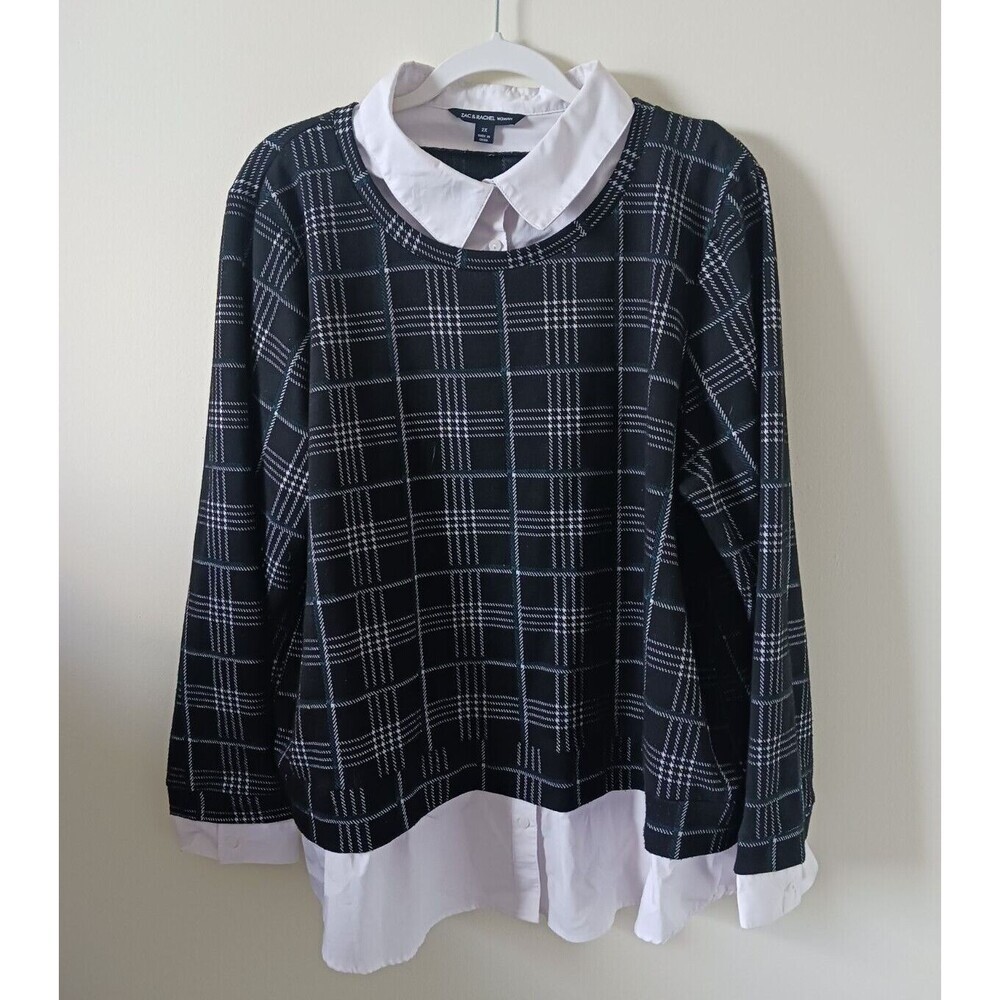 Zac & Rachel Women's Plaid Collar Long Sleeve Black White Top Shirt Size 2X